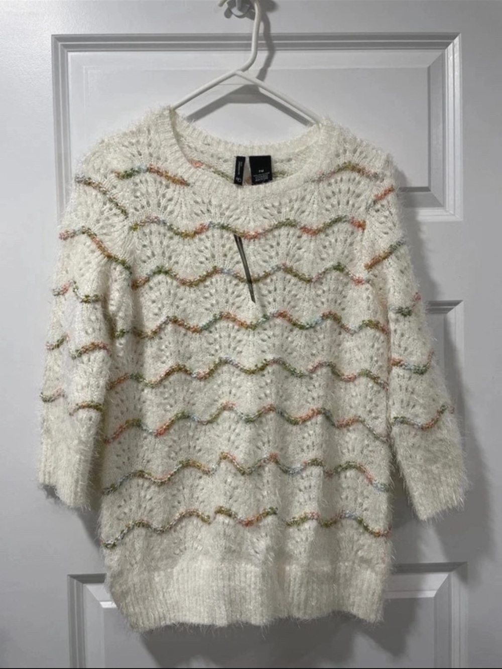 New Directions Petite White Open Knit Eyelash Chevron Sweater PM NWT